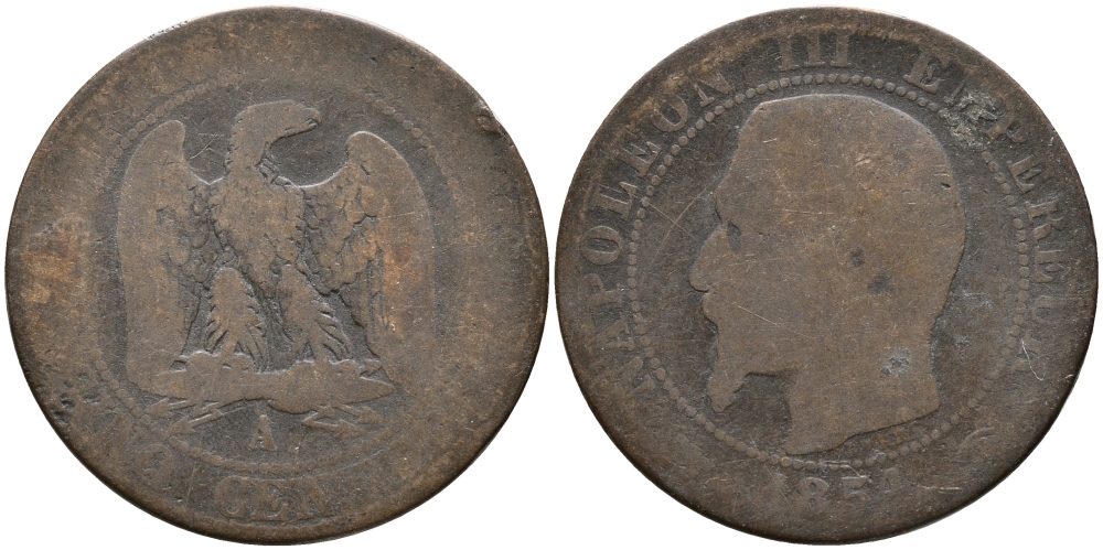 ФРАНЦИЯ 5 САНТИМОВ 1854 А, НАПОЛЕОН III (1852-1870) KM 777.1, LE FRANC 116.8 бронза 28-921