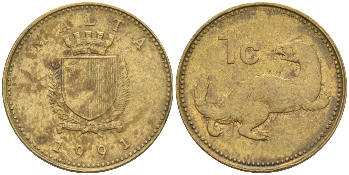 Мальта 1 цент 1991 ласка, горностай KM 93 никель латунь 4585-1155