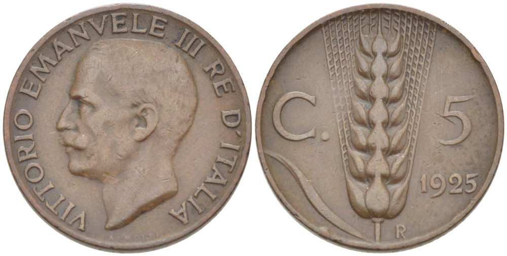 ИТАЛИЯ 5 ЧЕНТЕЗИМО 1925 R, КОЛОС, ВИКТОР ИММАНУИЛ III (1900-1946) KM 59 медь 210-1253