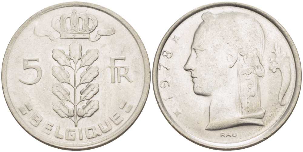 БЕЛЬГИЯ 5 ФРАНКОВ 1978 BELGIQUE, БОДУЭН I (1951-1993) KM 134.1 медно-никель 213-623