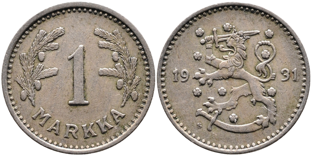 ФИНЛЯНДИЯ 1 МАРКА 1931 S KM 30 медно-никель 4388-1011
