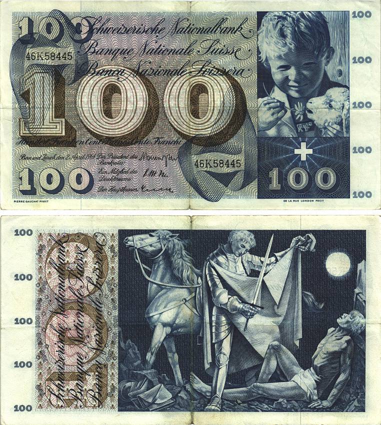 Швейцария 100 франков 1964 2 апреля 1964, серия 46 K, подпись 41 Pick 49 f бумага 8606-20-1-2