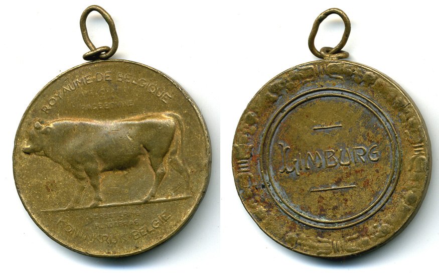 БЕЛЬГИЯ МЕДАЛЬ ND ЛИМБУРГ, ВЫСТАВКА КРУПНОГО РОГАТОГО СКОТА ДИАМЕТР 46 ММ. ВЕС 42,06 ГР. 1079-2-12