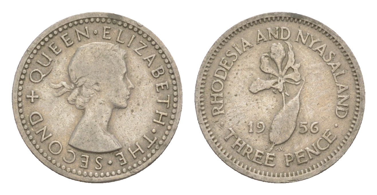 Родезия и Ньясаленд 3 пенса 1956 Елизавета II (1952-2022), цветок глориоза KM  3 медно-никель    4640-917