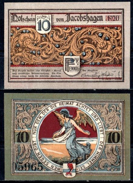 Якобсхаген (Пруссия, Померания) 10 пфеннигов 1920 бумага UNC (пресс) 7555-18-2-1