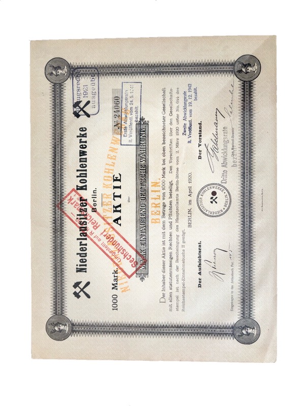 Германия акция в 1000 марок 1920 компании «Niederlausitzer Kohlenwerke» / Нижнелужицкие угольные заводы в Берлине. бумага 5555-24