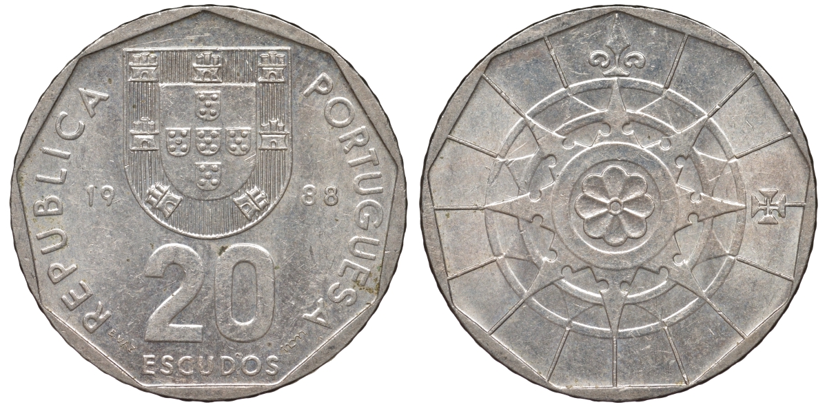 Португалия 20 эскудо 1988 KM 634 медно-никель 4142-1233