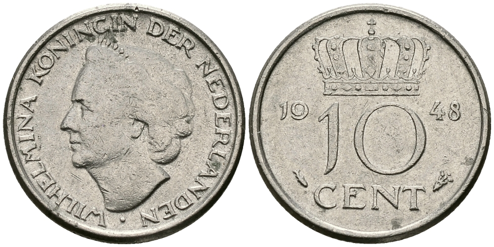 Нидерланды 10 центов 1948 Вильгельмина (1895-1948) KM 177 никель 96-537