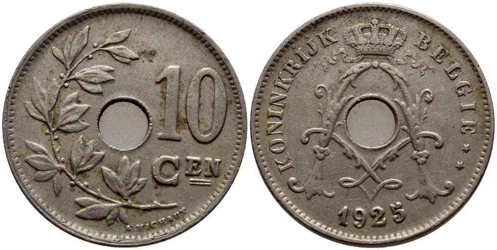 БЕЛЬГИЯ 10 САНТИМОВ 1923 BELGIE KM 86 медно-никель 23-1417