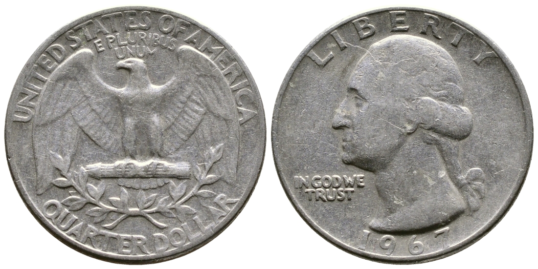 США 25 центов (квотер) 1967 Вашингтон КМ 164а медь плакированная медно-никелем 56-1234