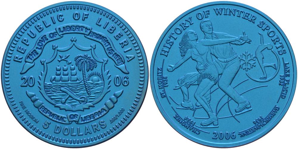 Либерия 5 долларов 2006 История зимних видов спорта, ниобий, синяя, фигурное катание, вес 15,55 гр., тираж 2006 экз.  ниобий  UNC  06-225-11
