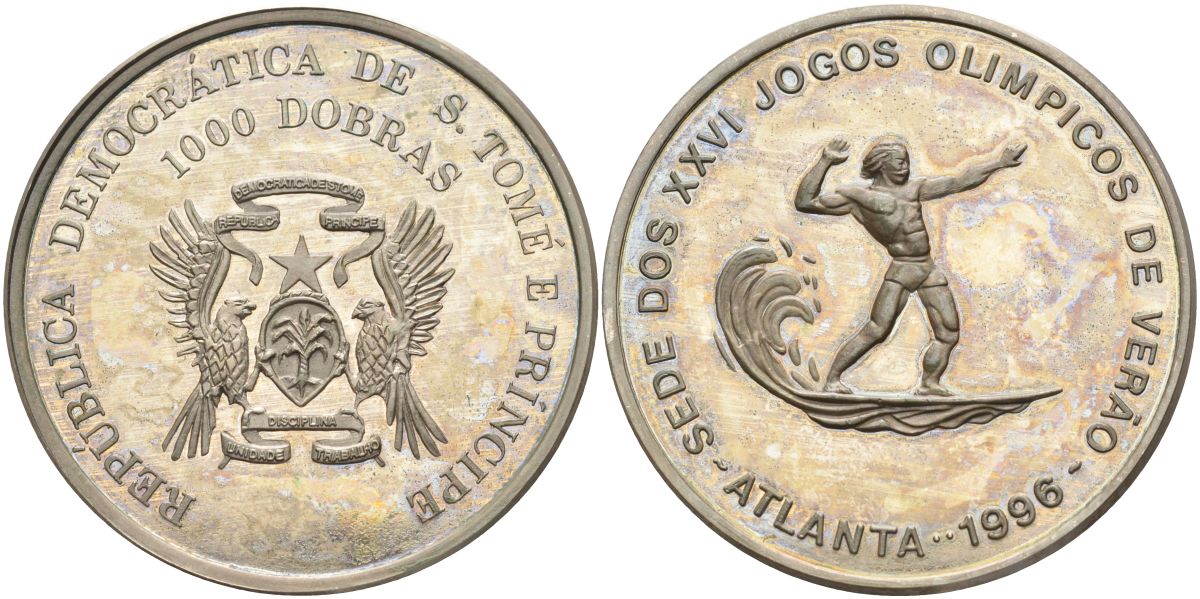 Сан-Томе и Принсипи 1000 добра 1996 XXVI Олимпийские игры 1996 года в Атланте, серфинг KM 62 медно-никель PROOF 4368-1012
