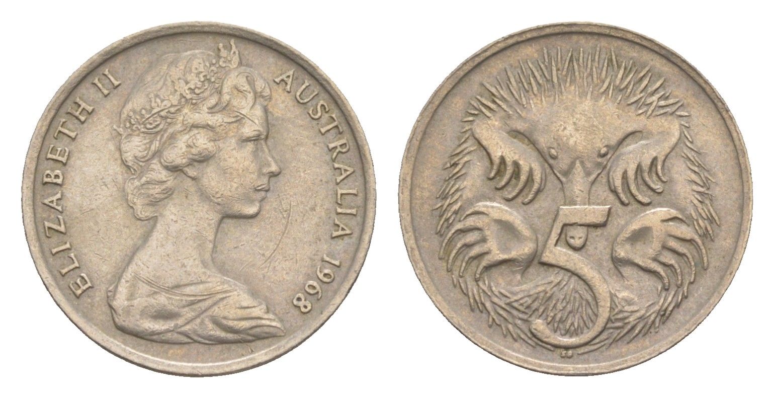 Австралия 5 центов 1968 Елизавета II (1952-2022) молодой портрет, ехидна KM 64 медно-никель 4151-915