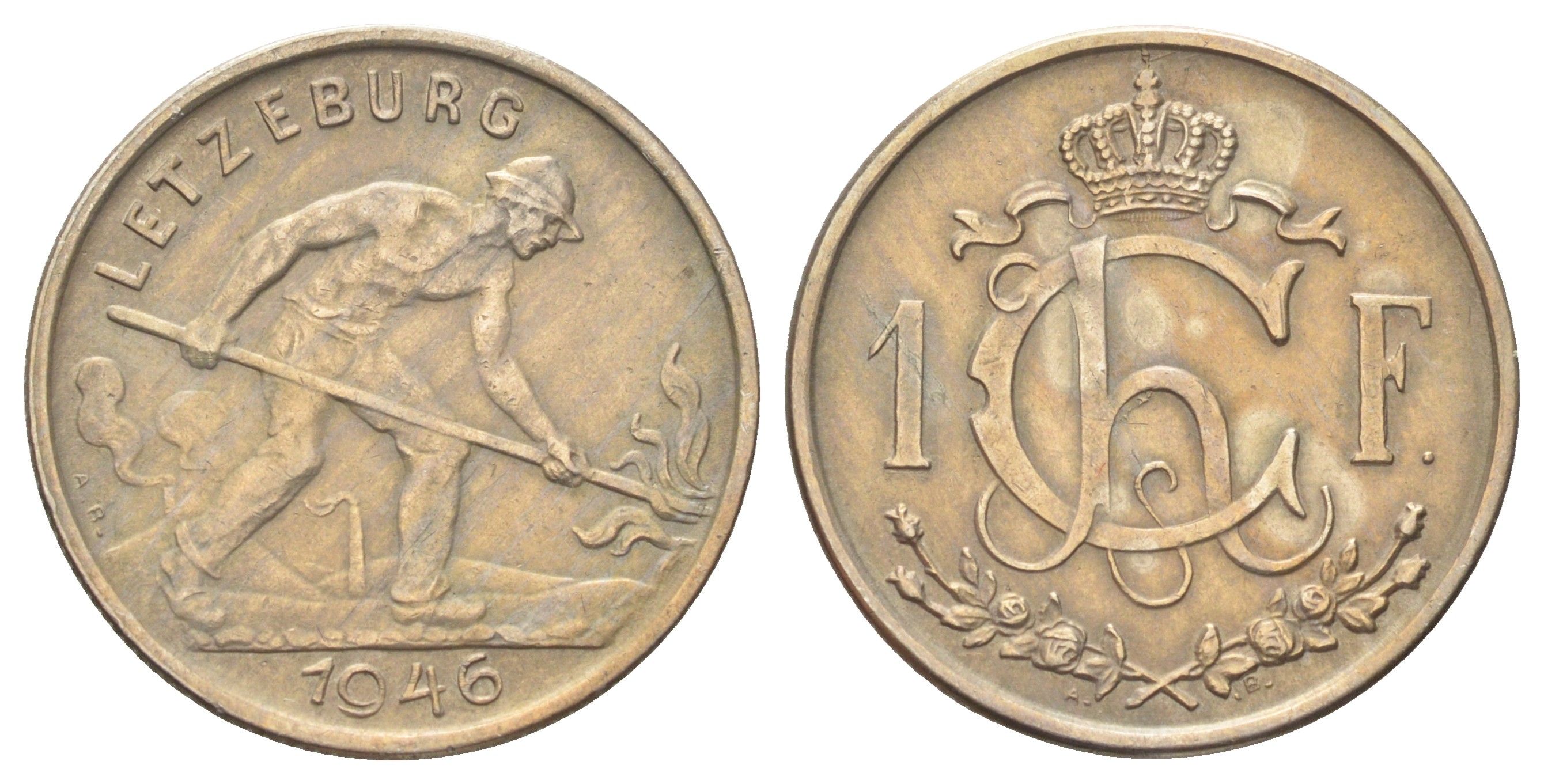 Люксембург 1 франк 1946 Шарлотта, сталевар (1919-1964) KM 46.1 медно-никель 4646-1247