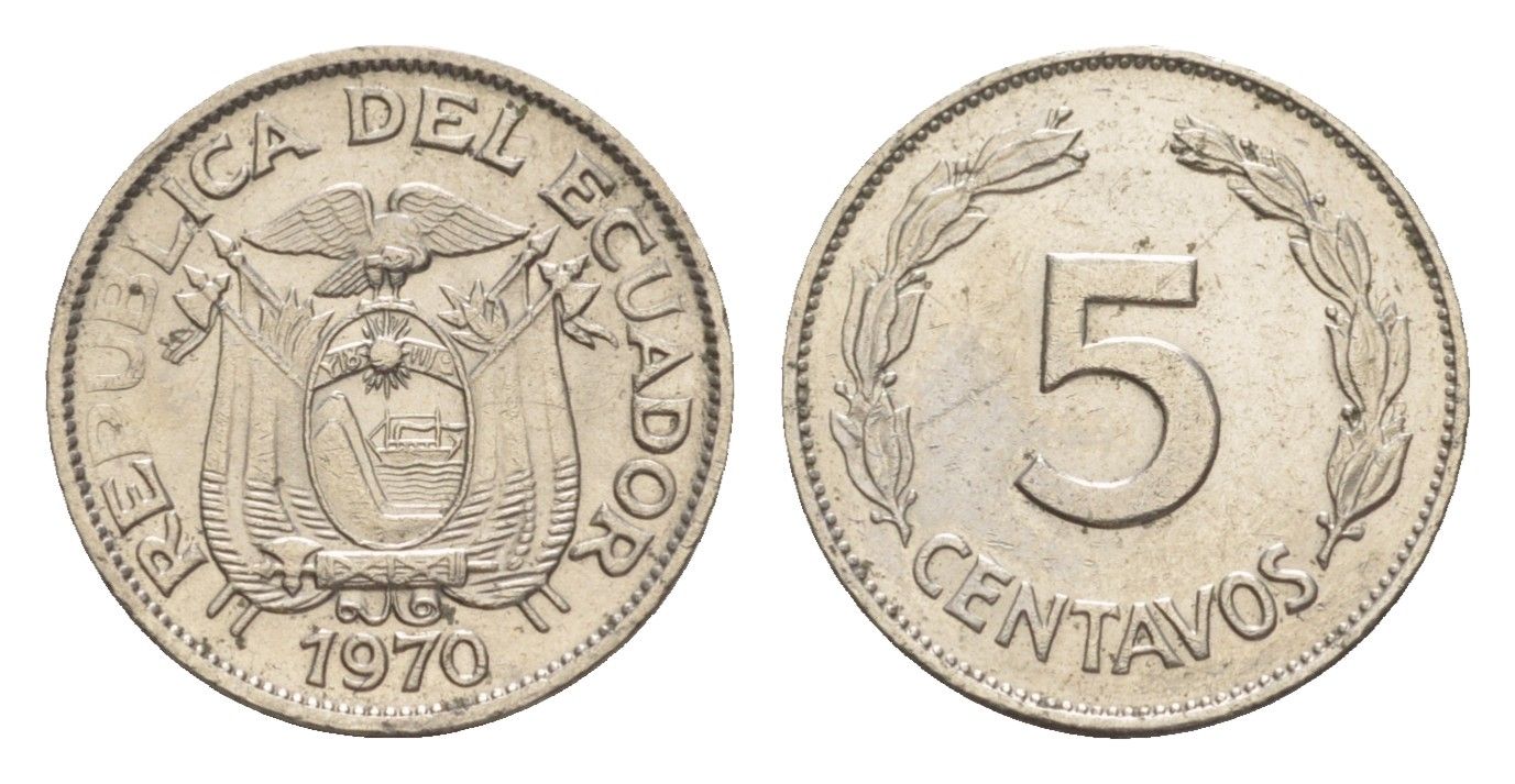 Эквадор 5 сентаво 1970 KM 75c сталь плакированная никелем 4640-1131