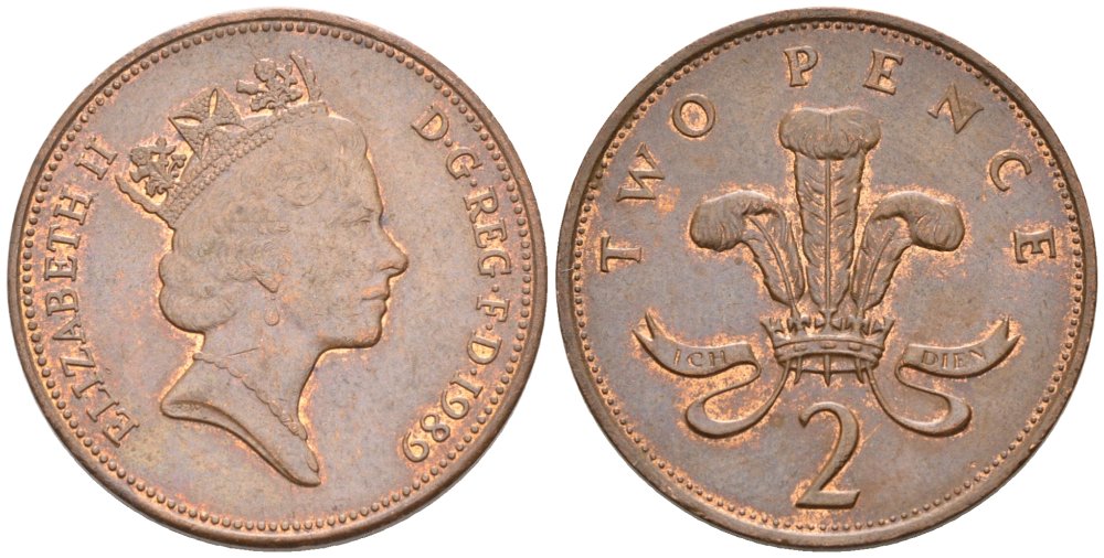 Великобритания 2 пенса 1989 Елизавета II (1952-2022) KM 936, Spink 4376 (C3) бронза 4577-512