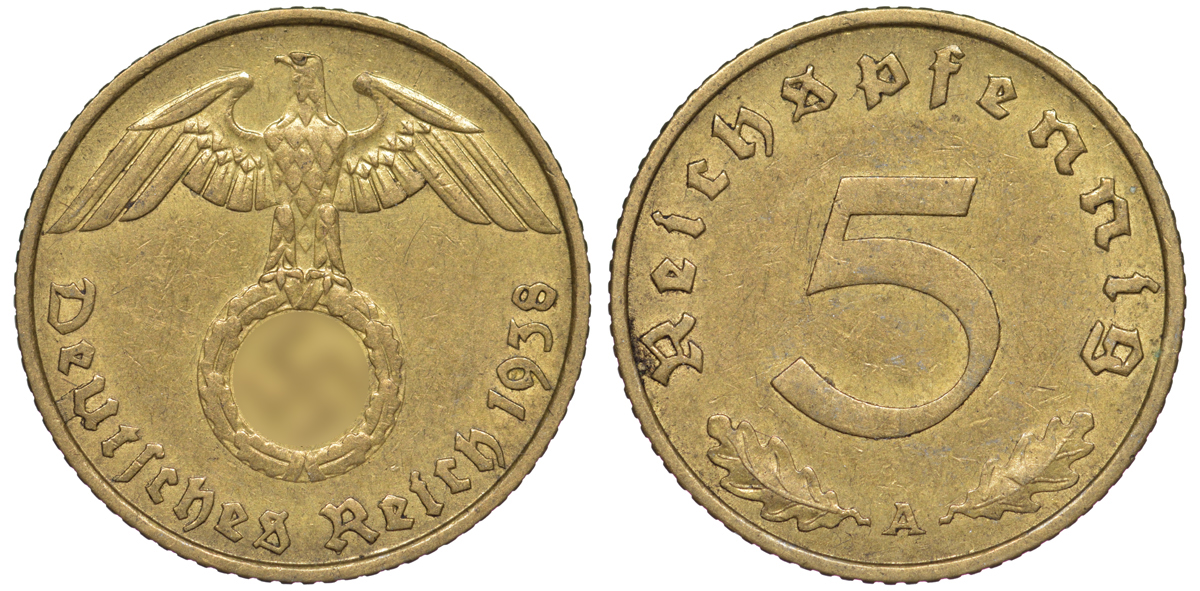 Германия 5 рейхспфеннигов 1938 A KM 91, J. 363 алюминиевая бронза 4602-1254