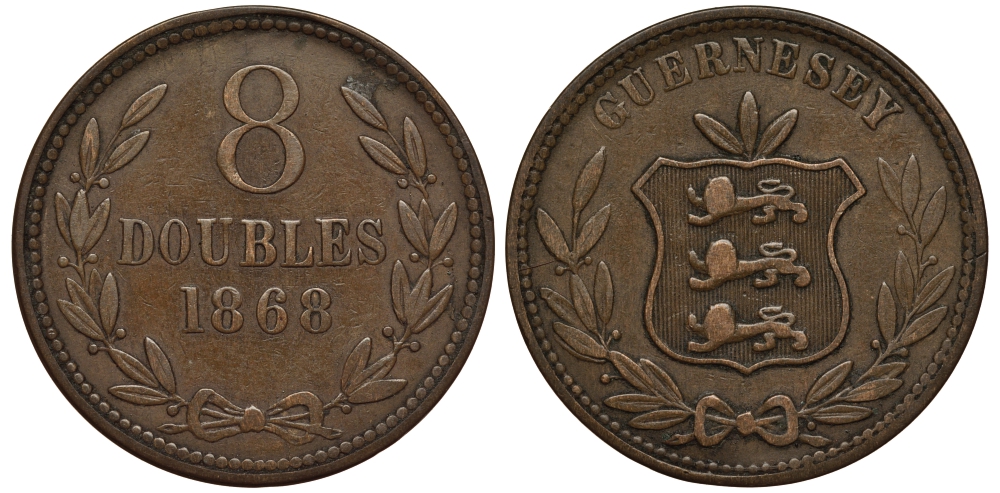 Гернси 8 даблов (дублей) 1868 KM 7 бронза 650-234
