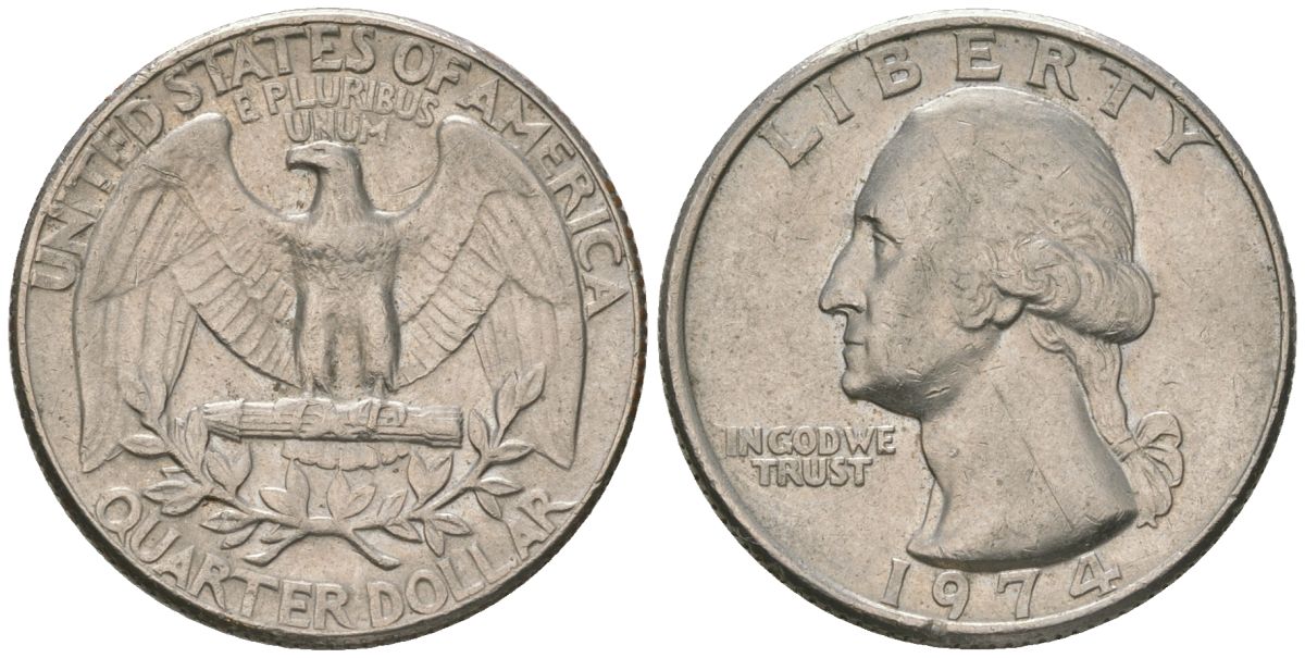 США 25 центов (квотер) 1974 Вашингтон KM 164a медь плакированная медно-никелем 4597-356