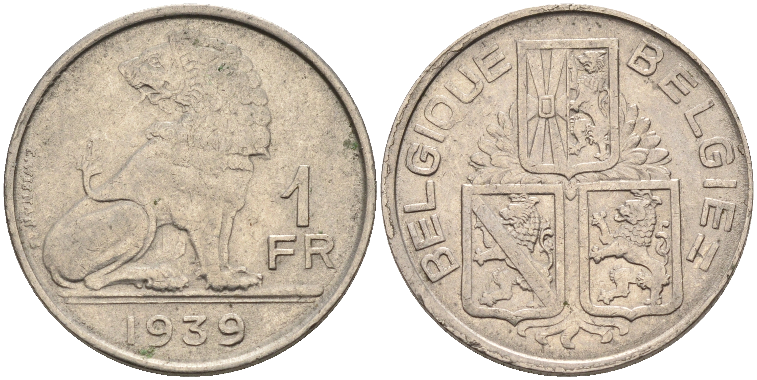 БЕЛЬГИЯ 1 ФРАНК 1939 BILGIQUE-BELGIE KM 119 никель 4563-1153