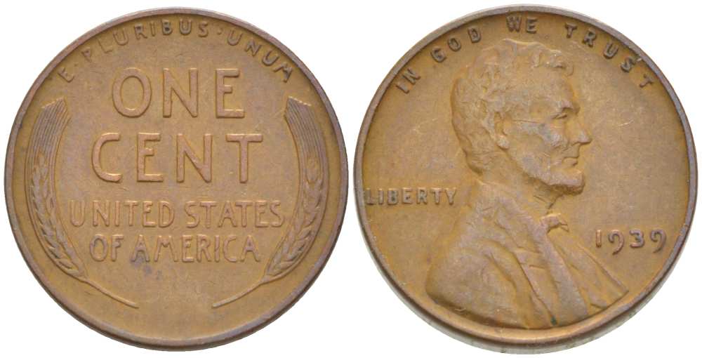 США 1 ЦЕНТ 1939 ЛИНКОЛЬН KM 132 бронза 3309-1244