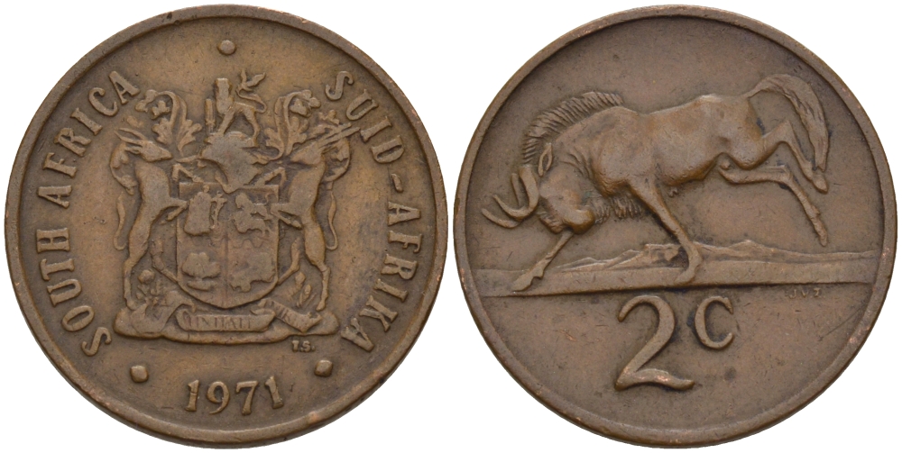 ЮАР 2 цента 1971 герб, антилопа гну KM 83 бронза 67-331