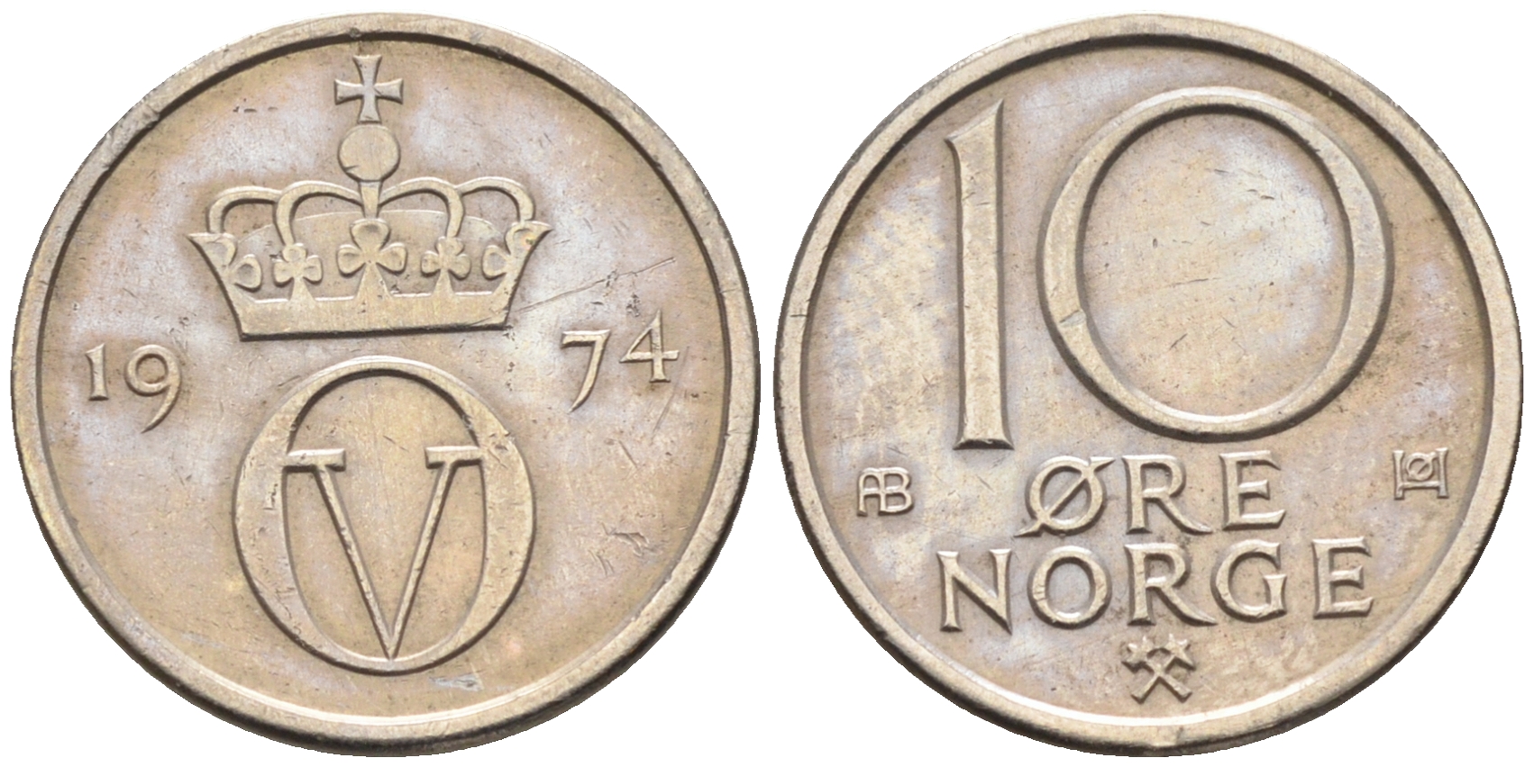 Норвегия 10 эре 1974 Улаф V (1957-1991) КМ 416 медно-никель    4169-327