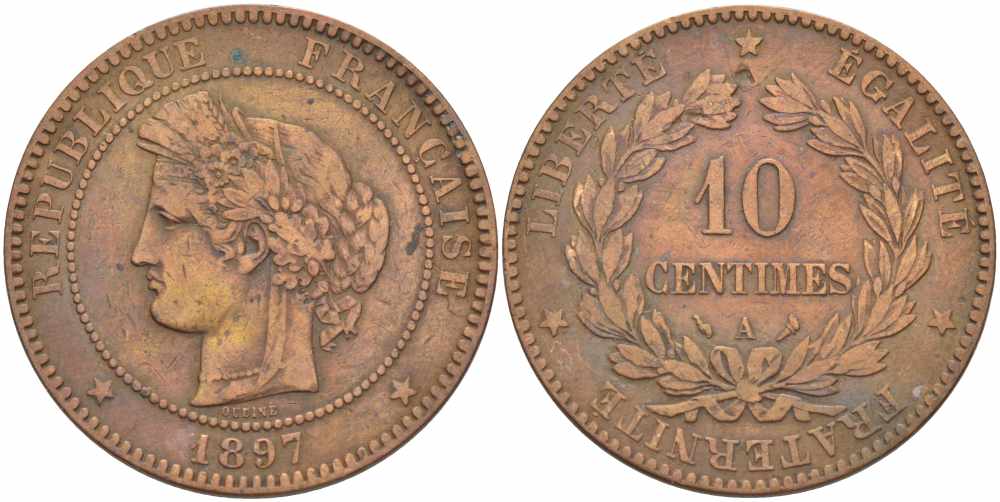 Франция 10 сантимов1897 A, Третья Республика (1871-1940) KM 815.1, LA FRANC 135.44 бронза 4683-525