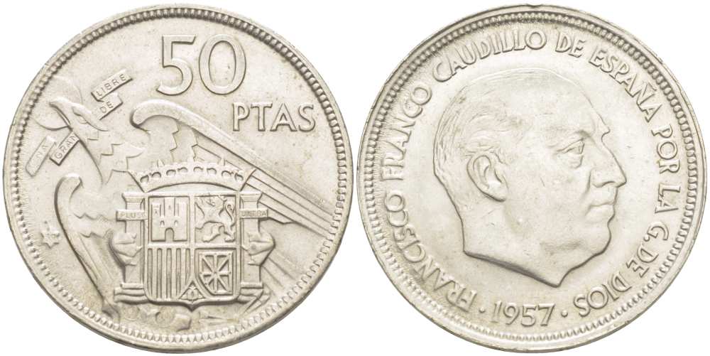 ИСПАНИЯ 50 ПЕСЕТ 1957 (59) ФРАНСИСКО ФРАНКО ДИКТАТОР ИСПАНИИ (1939-1975) KM 788 медно-никель UNC 4517-234