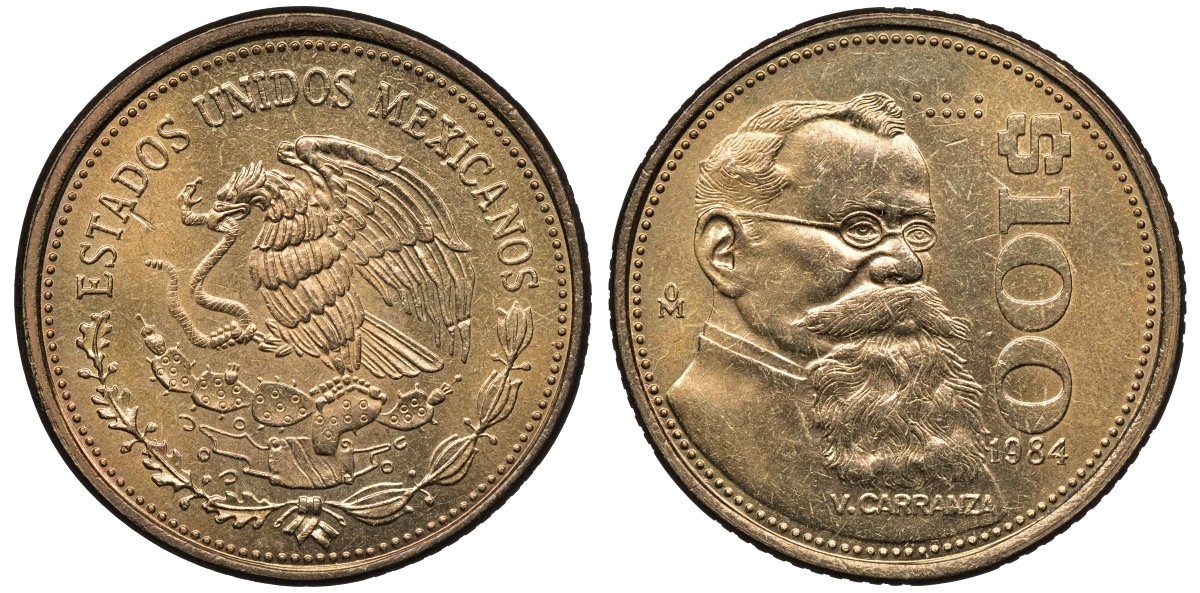 Мексика 100 песо 1984 Мо, Венустиано Карранса де ла Гарса KM 493 алюминиевая бронза 4367-1126