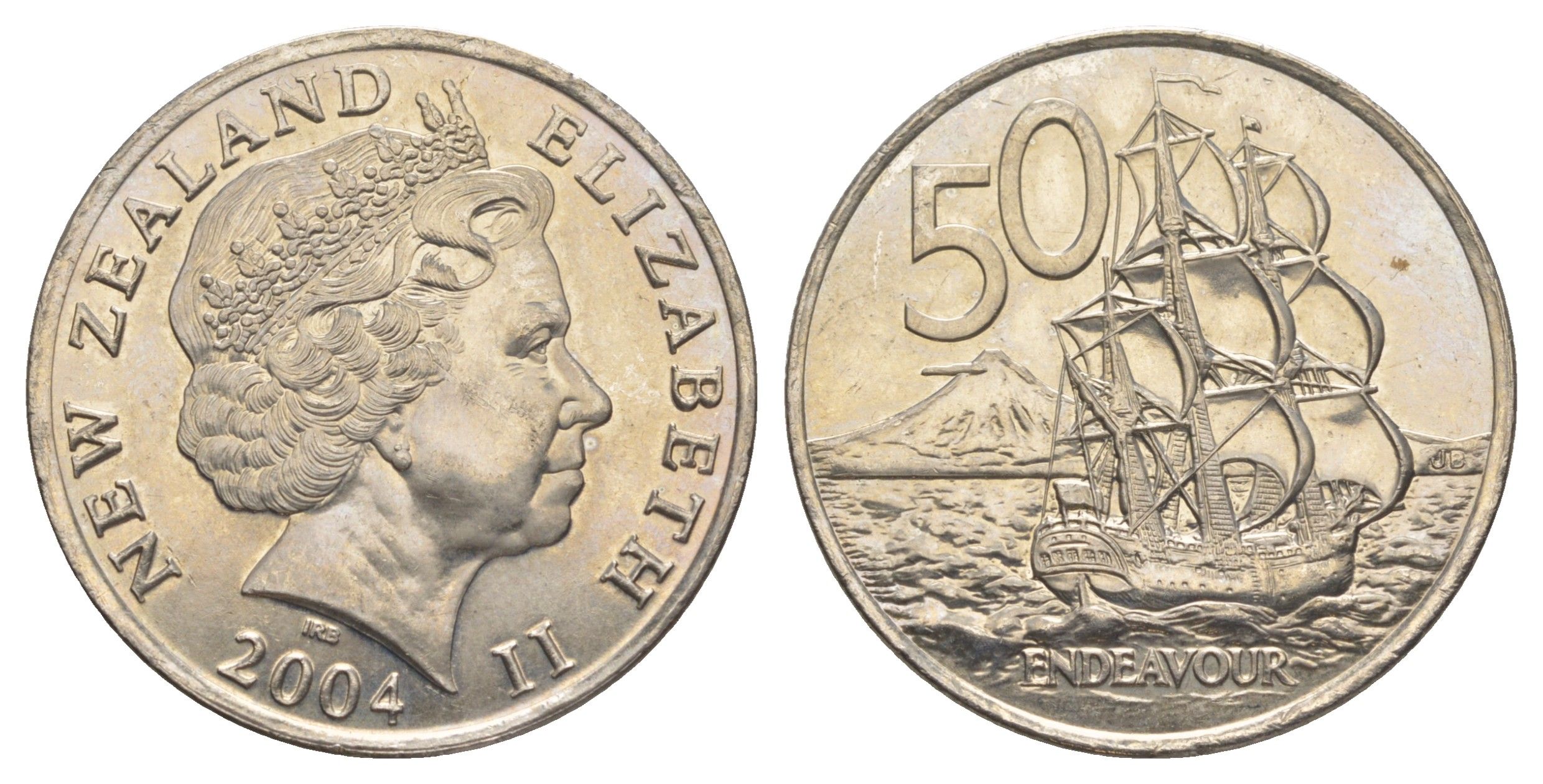 Новая Зеландия 50 центов 2004 Елизавета II (1952-2022), парусник Индевор KM 119 медно-никель UNC 4179-141