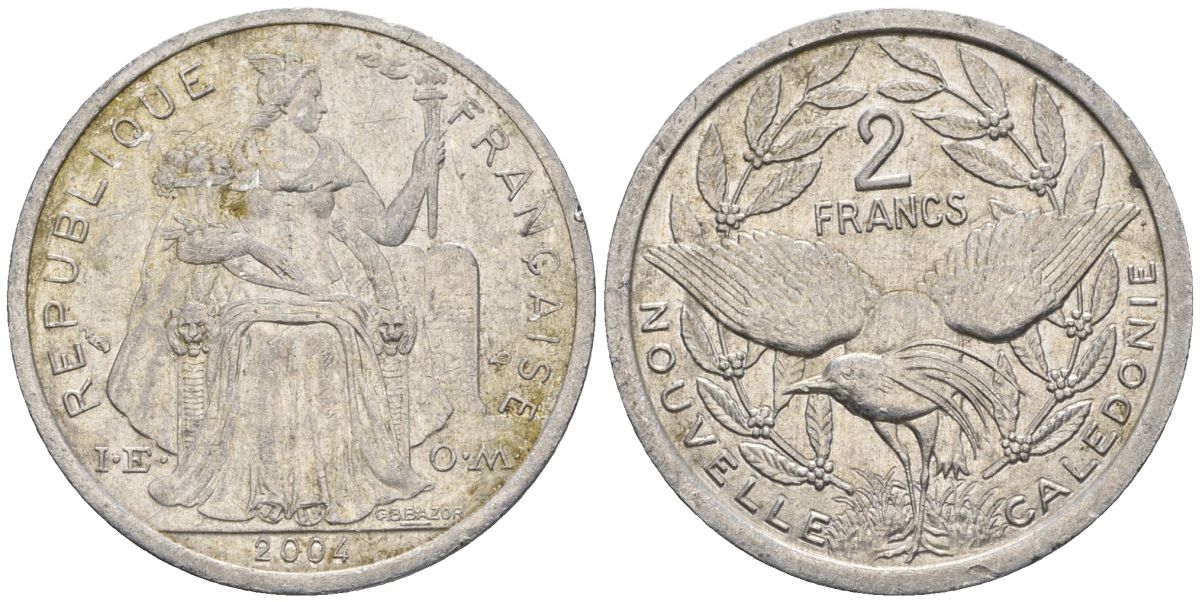 Французская Новая Каледония 2 франка 2004 птица кагу, (IEOM) KM 14, Schoen 11, Lec 68i алюминий    25-1717