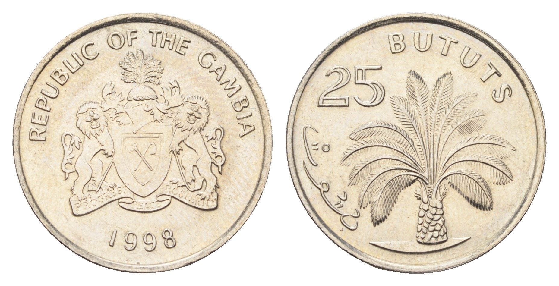 Гамбия 25 бутутов 1998 год-тип KM 57 медно-никель UNC 4666-455