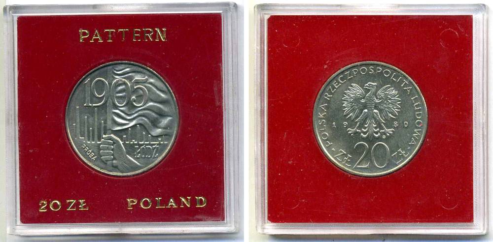 Польша 20 злотых 1980 1905-Лодзь, проба, probe, pattern, в оригинальной пластиковой коробке, не магнитная, тираж 10000 экз. KM Pr 383 медно-никель UNC 3-4-3-23