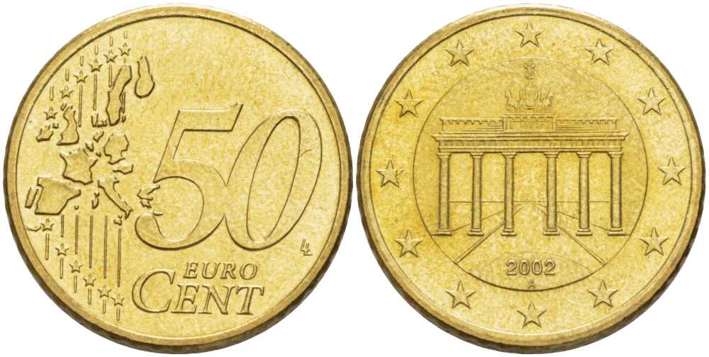 ГЕРМАНИЯ 50 ЕВРОЦЕНТОВ 2002 А KM 212 латунь UNC 210-545