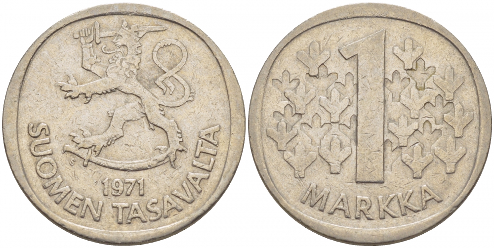 ФИНЛЯНДИЯ 1 МАРКА 1971 S KM 49а медно-никель 3718-716
