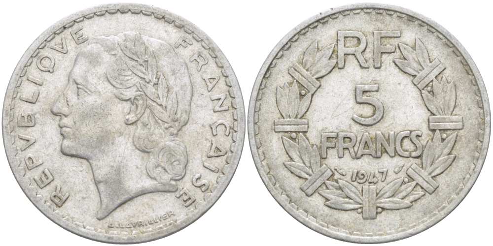ФРАНЦИЯ 5 ФРАНКОВ 1947 ТИП LAVRILLIER, OPEN 9 KM 888b.1, LE FRANC 339.9 алюминий 215-531