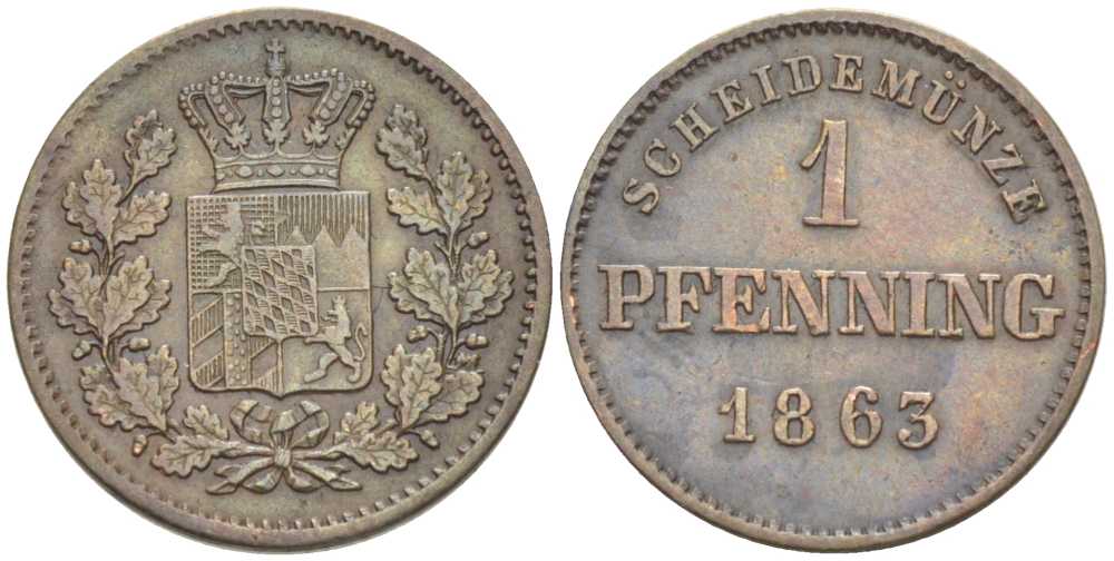 Бавария 1 пфенниг 1863 Максимилиан II (1848-1864) КМ 471 медь 201-248