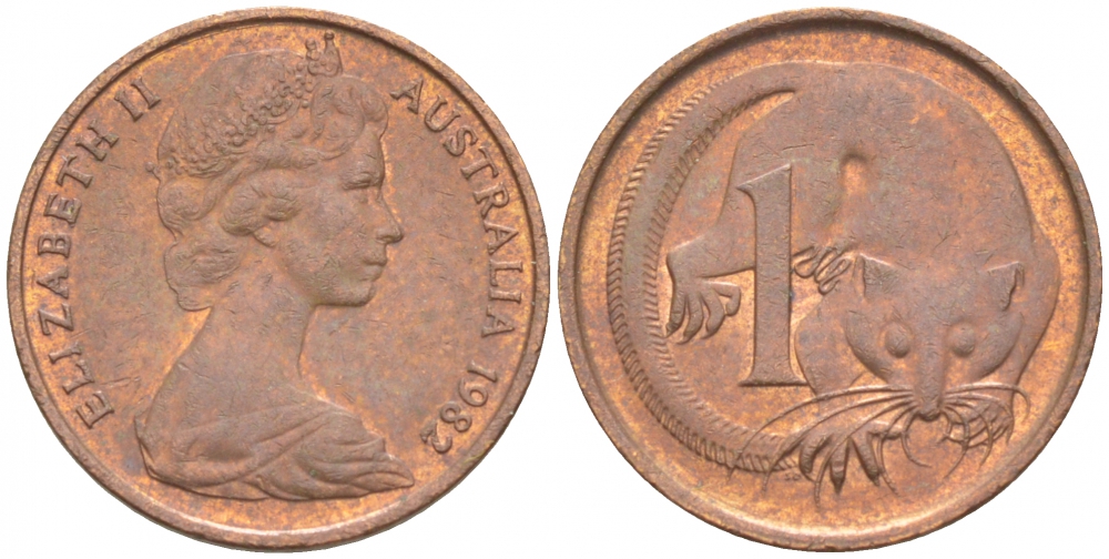 АВСТРАЛИЯ 1 ЦЕНТ 1982 ЕЛИЗАВЕТА II, МОЛОДОЙ ПОРТРЕТ, ОПОССУМ KM 62 бронза 4532-517