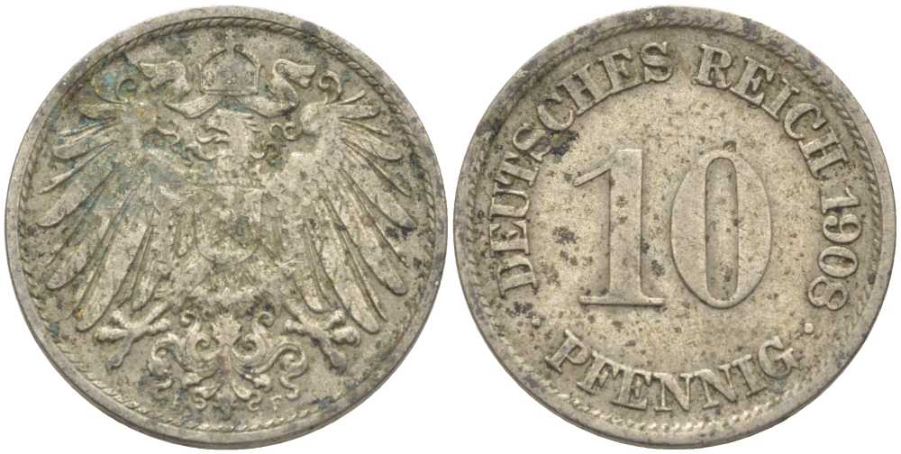 ГЕРМАНИЯ 10 ПФЕННИГОВ 1908 F KM 12, J. 13 медно-никель 210-653