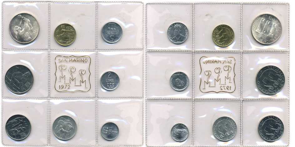 Сан-Марино годовой набор из 8 монет 1972 1, 2, 5, 10, 20, 50, 100 и 500 лир мать поднимает ребенка в воздух KM 14-21, в оригинальной пластиковой запайке серебро KM MS1 серебро UNC 2-5-1-47