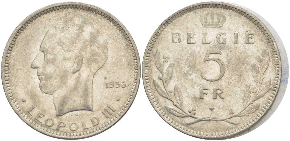 Бельгия 5 франков 1936 Леопольд III (1934-1951), Belgie KM 109 никель 3851-522
