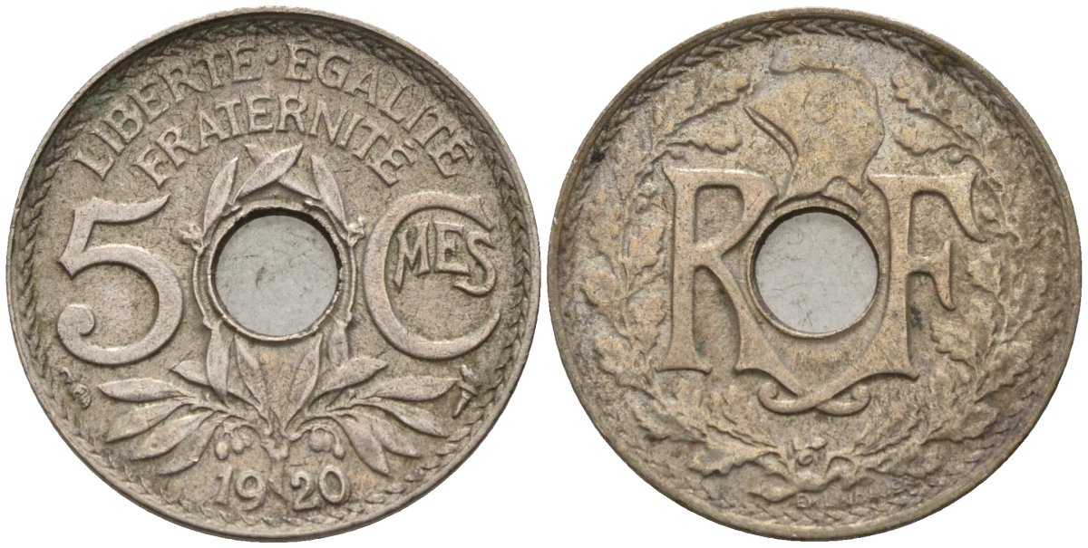 Франция 5 сантимов 1920 KM 865 медно-никель 4596-447