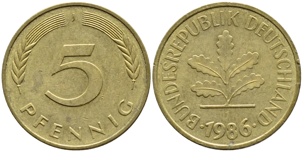 ФРГ 5 ПФЕННИГОВ 1986 J KM 107, J. 382 сталь плакированная латунью 4392-1045