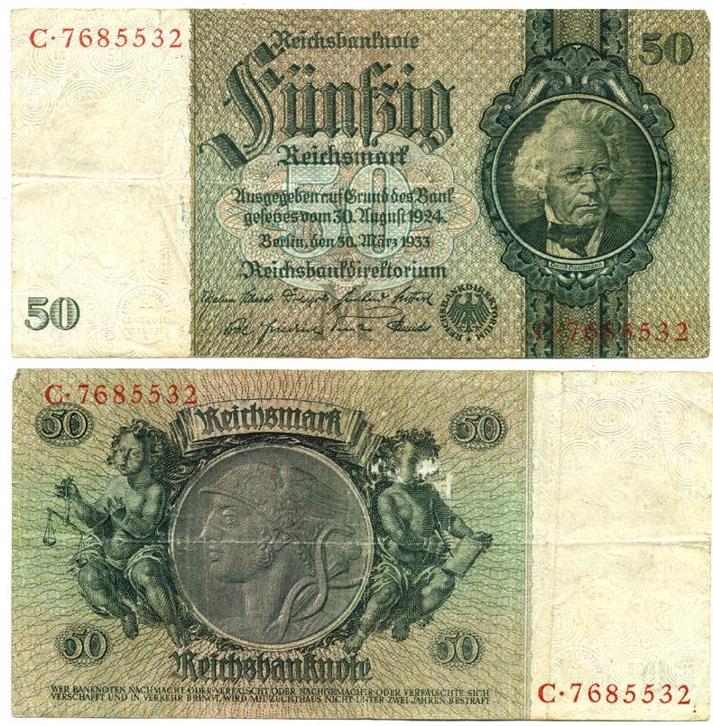 ГЕРМАНИЯ 50 РЕЙХСМАРОК 1933 ВЫПУСК 1934 ГОДА, НОМЕР СЕМИЗНАЧНЫЙ, БУКВА М, СЕРИЯ С Pick 182а, Розенберг 175а бумага 7203-6-3