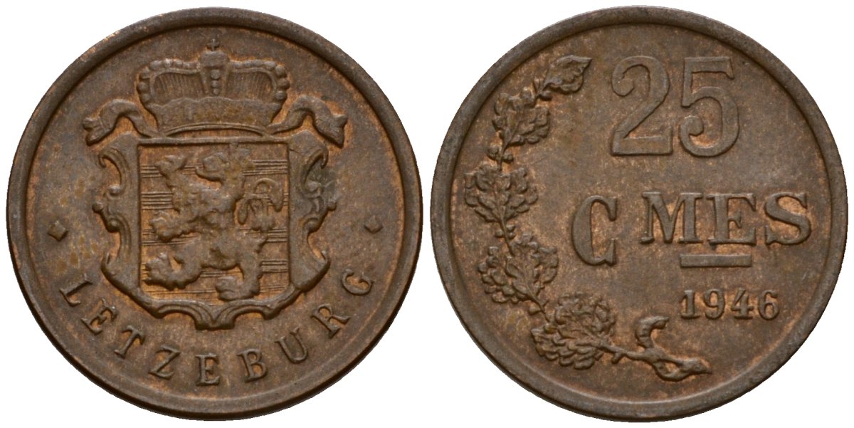 Люксембург 25 сантимов 1946 Шарлотта (1918-1964) KM 45 бронза 4532-221