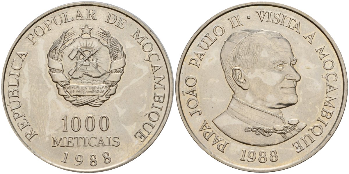 Мозамбик 1000 метикалов 1988 визит Папы Иоанна Павла II KM 109 медно-никель UNC 4125-425