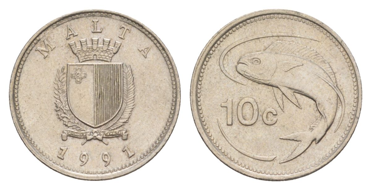 Мальта 10 центов 1991 золотая макрель KM 96 медно-никель aUNC 4632-863