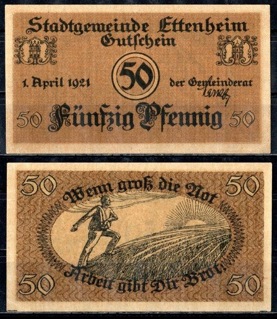 Эттенхайм (Баден) 50 пфеннигов 1921 Mehl Grabowski E31.7 бумага UNC (пресс) 7555-60-2-2