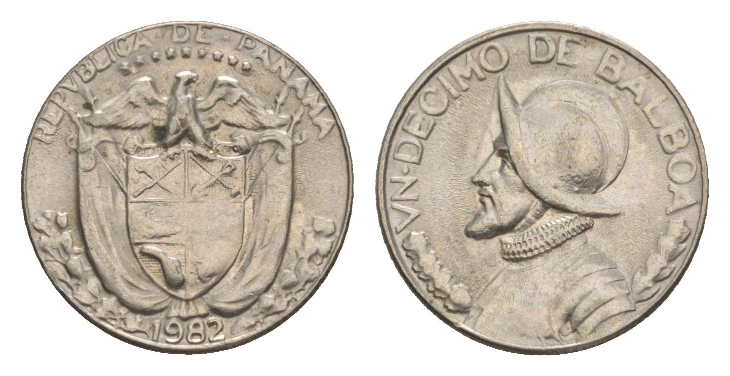 Панама 1/10 бальбоа (10 сентесимо) 1982 KM 10 медь плакированная медно-никелем aUNC 4644-158